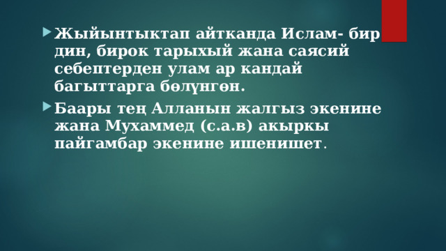 Жыйынтыктап айтканда Ислам- бир дин, бирок тарыхый жана саясий себептерден улам ар кандай багыттарга бөлүнгөн. Баары тең Алланын жалгыз экенине жана Мухаммед (с.а.в) акыркы пайгамбар экенине ишенишет . 