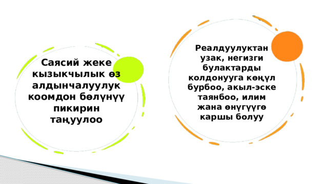 Реалдуулуктан узак, негизги булактарды колдонууга көңүл бурбоо, акыл-эске таянбоо, илим жана өнүгүүгө каршы болуу Саясий жеке кызыкчылык өз алдынчалуулук коомдон бөлүнүү пикирин таңуулоо 