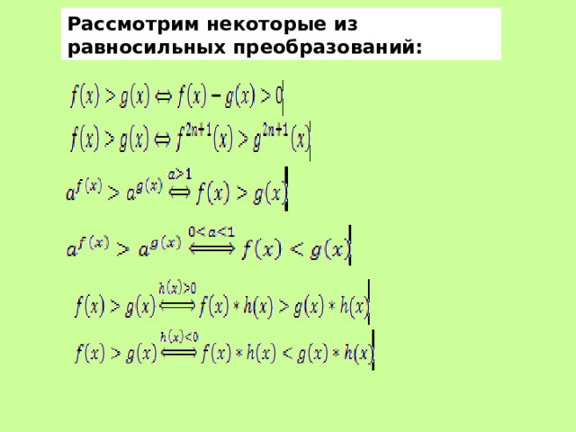 Рассмотрим некоторые из равносильных преобразований: Тема:  « Равносильность неравенств ».  