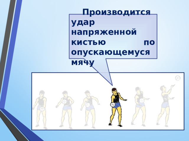 Производится удар напряженной кистью по опускающемуся мячу 