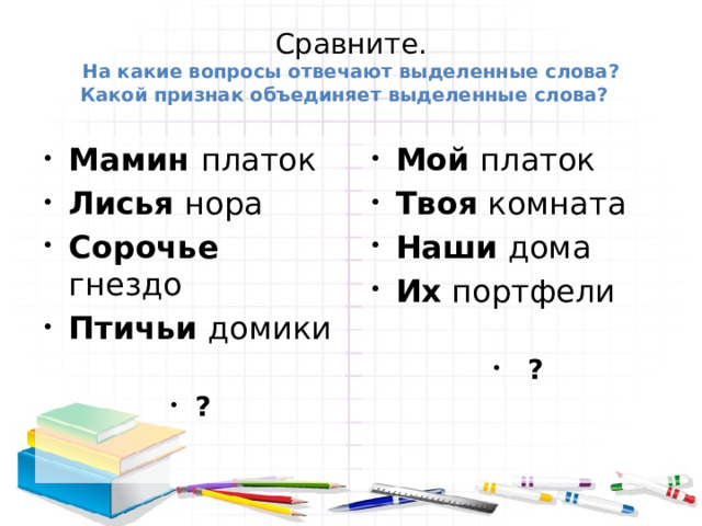 Сравните.  На какие вопросы отвечают выделенные слова?  Какой признак объединяет выделенные слова? Мамин платок Лисья нора Сорочье гнездо Птичьи домики Мой платок Твоя комната Наши дома Их портфели ?  ? 