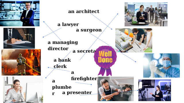 an architect a lawyer a surgeon a managing director a secretary a bank clerk a firefighter a plumber a presenter 
