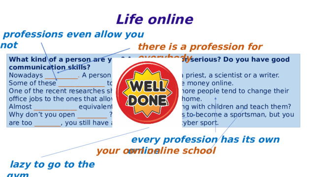 Life online   professions even allow you not there is a profession for everybody What kind of a person are you? Are you risky, or serious? Do you have good communication skills? Nowadays  __________. A person can be a teacher or a priest, a scientist or a writer. Some of these  ______________  to go to work and make money online. One of the recent researches shows that more and more people tend to change their office jobs to the ones that allow them to work from home. Almost  _____________  equivalent. Do you fancy working with children and teach them? Why don’t you open _________  ? Even if your dream is to become a sportsman, but you are too  ________ , you still have an option. It’s called cyber sport.   every profession has its own online   your own online school   lazy to go to the gym 