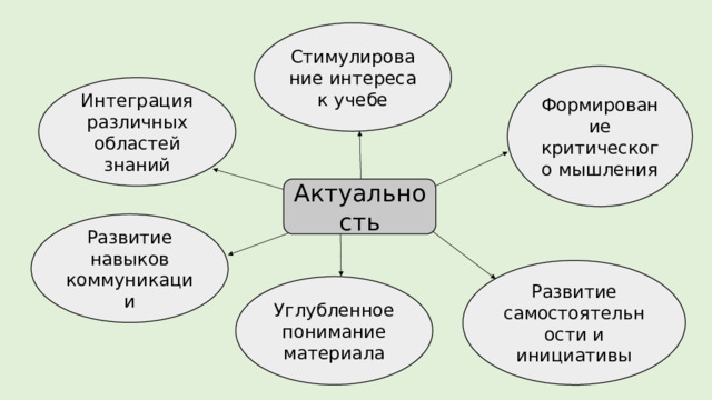 Стимулирование интереса к учебе Формирование критического мышления Интеграция различных областей знаний Актуальность Развитие навыков коммуникации Развитие самостоятельности и инициативы Углубленное понимание материала 