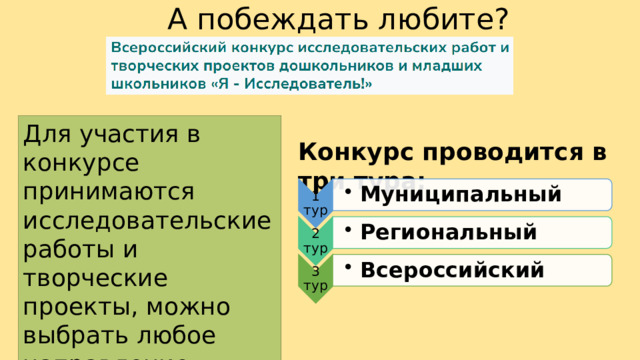 А побеждать любите? 1 тур Муниципальный Муниципальный 2 тур Региональный Региональный 3 тур Всероссийский Всероссийский Для участия в конкурсе принимаются исследовательские работы и творческие проекты, можно выбрать любое направление. Конкурс проводится в три тура: 