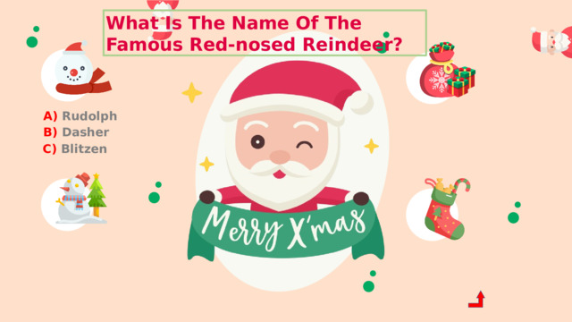 What Is The Name Of The Famous Red-nosed Reindeer? A) Rudolph B) Dasher C) Blitzen 