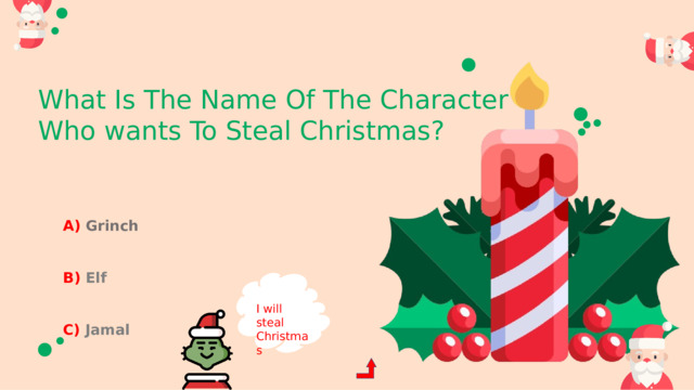 What Is The Name Of The Character Who wants To Steal Christmas? A) Grinch B) Elf C) Jamal I will steal Christmas 