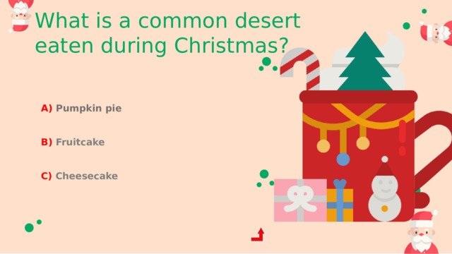 What is a common desert eaten during Christmas? A) Pumpkin pie B) Fruitcake C) Cheesecake 