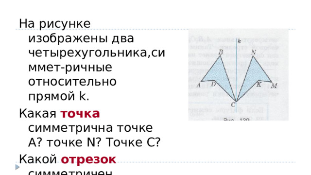 На рисунке изображены два четырехугольника,симмет-ричные относительно прямой k. Какая точка симметрична точке А? точке N? Точке С? Какой отрезок симметричен отрезку AD? Отрезку DB? Отрезку CN? 