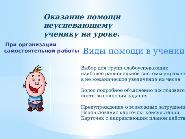 Оказание помощи неуспевающему ученику на уроке.  При организации самостоятельной работы Виды помощи в учении Выбор для групп слабоуспевающих наиболее рациональной системы упражнений, а не механическое увеличение их числа Более подробное объяснение последователь ности выполнения задания Предупреждение о возможных затруднениях, Использование карточек- консультаций, Карточек с направляющим планом действий 