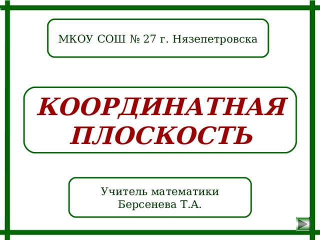 МКОУ СОШ № 27 г. Нязепетровска КООРДИНАТНАЯ ПЛОСКОСТЬ Учитель математики Берсенева Т.А. 
