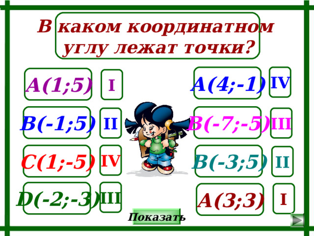В каком координатном углу лежат точки? А( 4 ; -1 ) IV А(1;5) I В(-1;5) В(- 7 ; - 5) II III В(- 3 ;5) С(1;-5) IV II III D ( -2 ;- 3 ) А( 3 ; 3 ) I Показать 