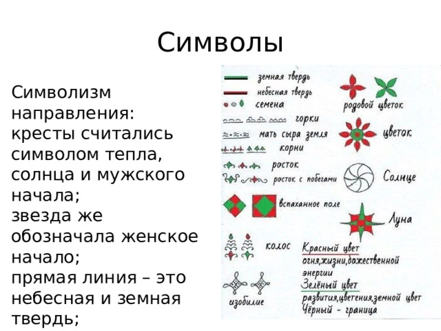 Символы Символизм направления: кресты считались символом тепла, солнца и мужского начала; звезда же обозначала женское начало; прямая линия – это небесная и земная твердь; ромб – земной знак, точки – семена. 