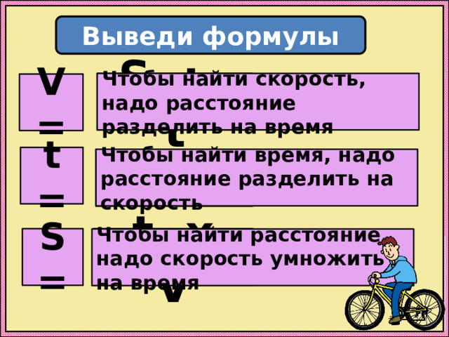 Выведи формулы S : t Чтобы найти скорость, надо расстояние разделить на время V = t = Чтобы найти время, надо расстояние разделить на скорость S : V S =  t х V Чтобы найти расстояние, надо скорость умножить на время 