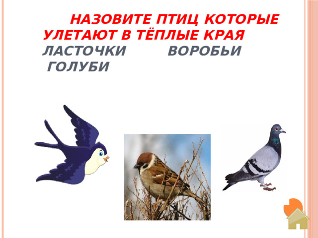   Назовите птиц которые улетают в тёплые края  ласточки воробьи голуби 