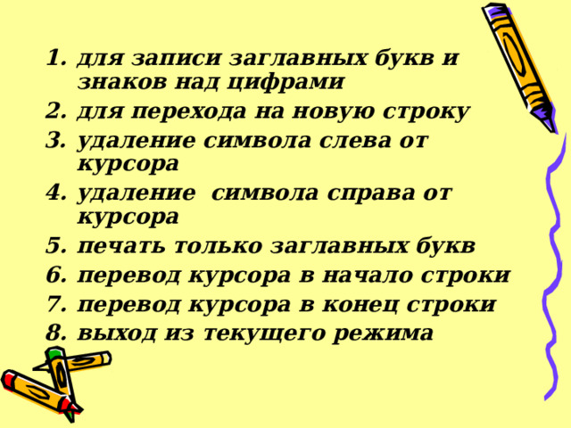 для записи заглавных букв и знаков над цифрами для перехода на новую строку удаление символа слева от курсора удаление символа справа от курсора печать только заглавных букв перевод курсора в начало строки перевод курсора в конец строки выход из текущего режима 
