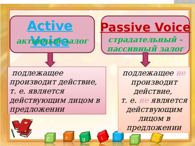 Active Voice Passive Voice страдательный – пассивный залог активный залог  подлежащее производит действие, т. е. является действующим лицом в предложении подлежащее не производит действие, т. е. не является действующим лицом в предложении 