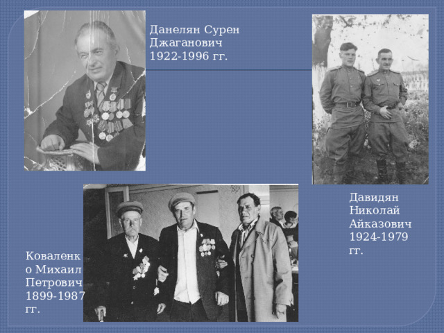 Данелян Сурен Джаганович 1922-1996 гг. Давидян Николай Айказович 1924-1979 гг. Коваленко Михаил Петрович 1899-1987 гг. 