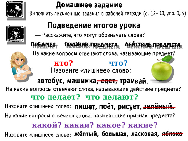 кто? что? что делает? что делают? какой? какая? какое? какие? 