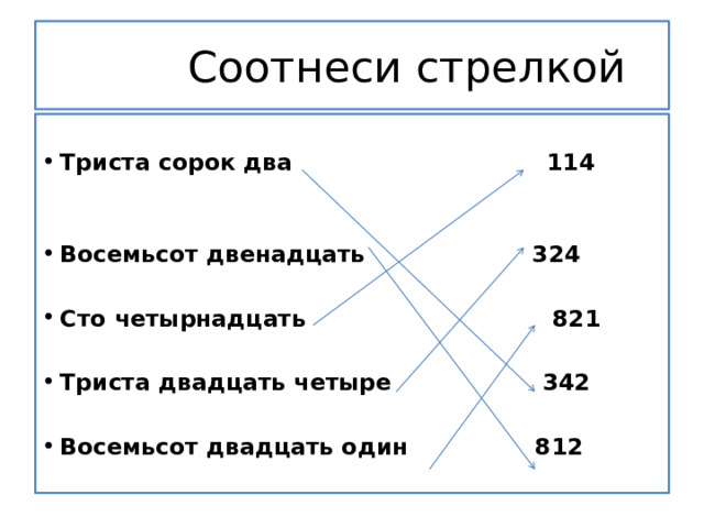  Соотнеси стрелкой Триста сорок два 114  Восемьсот двенадцать 324  Сто четырнадцать 821  Триста двадцать четыре 342  Восемьсот двадцать один 812  