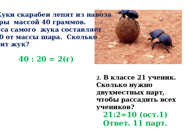 1 . Жуки скарабеи лепят из навоза  шары массой 40 граммов. Масса самого жука составляет  1/20 от массы шара. Сколько  весит жук? 40 : 20 = 2(г) 2. В классе 21 ученик. Сколько нужно двухместных парт, чтобы рассадить всех учеников? 21:2=10 (ост.1) Ответ. 11 парт.  