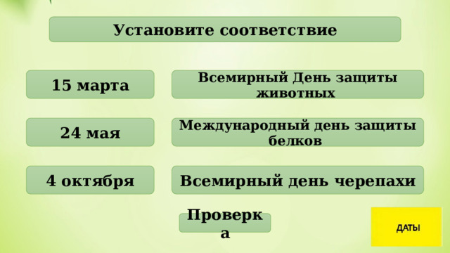 Установите соответствие 15 марта Всемирный День защиты животных 24 мая Международный день защиты белков 4 октября Всемирный день черепахи Проверка 
