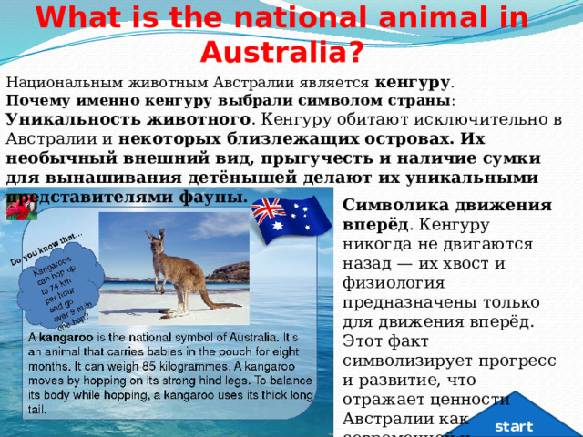 What is the national animal in Australia? Национальным животным Австралии является  кенгуру .  Почему именно кенгуру выбрали символом страны : Уникальность животного . Кенгуру обитают исключительно в Австралии и некоторых близлежащих островах. Их необычный внешний вид, прыгучесть и наличие сумки для вынашивания детёнышей делают их уникальными представителями фауны.  Символика движения вперёд . Кенгуру никогда не двигаются назад — их хвост и физиология предназначены только для движения вперёд. Этот факт символизирует прогресс и развитие, что отражает ценности Австралии как современной и динамичной страны. start 