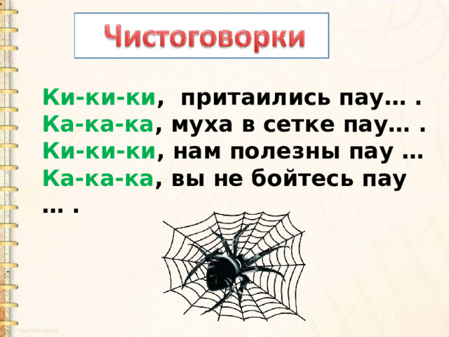Ки-ки-ки , притаились пау… .  Ка-ка-ка , муха в сетке пау… .  Ки-ки-ки , нам полезны пау …  Ка-ка-ка , вы не бойтесь пау … . 
