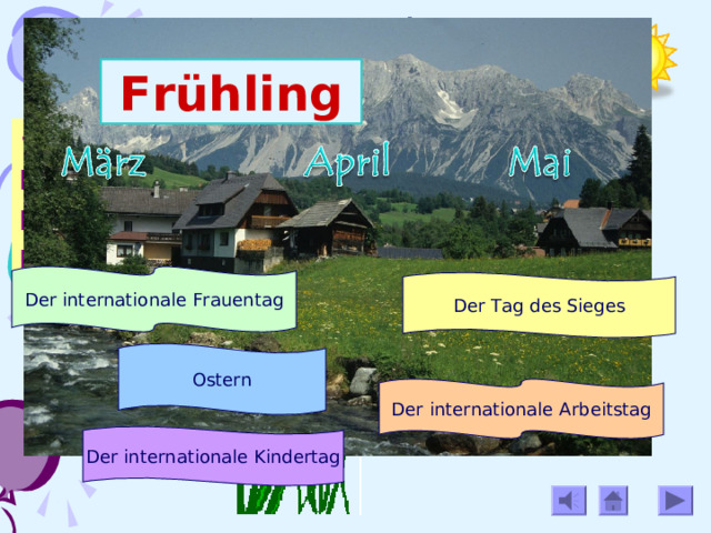 Wir machen Mundgymnastik! Frühling Welche Jahreszeit ist heute? Wie heißen die Frühlingsmonate? Welche Feiertage gibt es im Frühling? Die Sonne lacht, Der Wald wird grün, Der Vogel singt, Die Blumen blühen.  Der internationale Frauentag Der Tag des Sieges Ostern Der internationale Arbeitstag Der internationale Kindertag 