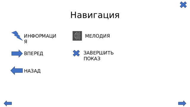 Навигация ИНФОРМАЦИЯ МЕЛОДИЯ ЗАВЕРШИТЬ ПОКАЗ ВПЕРЕД НАЗАД 