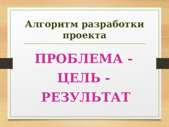 Алгоритм разработки проекта ПРОБЛЕМА - ЦЕЛЬ - РЕЗУЛЬТАТ 