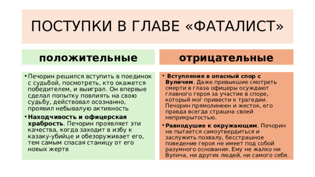 ПОСТУПКИ В ГЛАВЕ «ФАТАЛИСТ» положительные отрицательные Печорин решился вступить в поединок с судьбой, посмотреть, кто окажется победителем, и выиграл. Он впервые сделал попытку повлиять на свою судьбу, действовал осознанно, проявил небывалую активность Находчивость и офицерская храбрость . Печорин проявляет эти качества, когда заходит в избу к казаку-убийце и обезоруживает его, тем самым спасая станицу от его новых жертв   Вступление в опасный спор с Вуличем . Даже привыкшие смотреть смерти в глаза офицеры осуждают главного героя за участие в споре, который мог привести к трагедии. Печорин прямолинеен и жесток, его правда всегда страшна своей неприкрытостью.  Равнодушие к окружающим . Печорин не пытается самоутвердиться и заслужить похвалу, бесстрашное поведение героя не имеет под собой разумного основания. Ему не жалко ни Вулича, ни других людей, ни самого себя.  