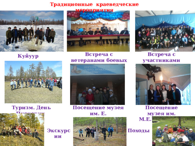 Традиционные краеведческие мероприятия Встреча с ветеранами боевых действий Встреча с участниками велопробега МЮГ «Уолан» Куйуур Посещение музея Туризм. День Пионерии Посещение музея им. М.Е.Николаева им. Е. Ярославского Экскурсии  Походы 