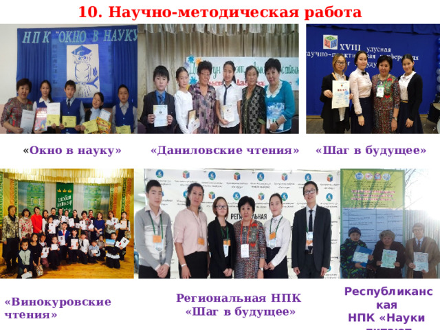 10. Научно-методическая работа «Даниловские чтения» « Окно в науку» «Шаг в будущее» Республиканская НПК «Науки питают юношей…» Региональная НПК «Шаг в будущее» «Винокуровские чтения» 