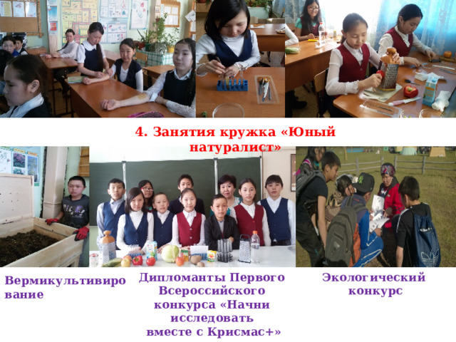 4. Занятия кружка «Юный натуралист» Дипломанты Первого Всероссийского конкурса «Начни исследовать Экологический  вместе с Крисмас+» конкурс Вермикультивирование 