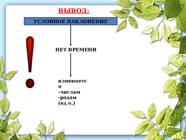 ВЫВОД: УСЛОВНОЕ НАКЛОНЕНИЕ   . НЕТ ВРЕМЕНИ изменяется -числам -родам (ед.ч.) 