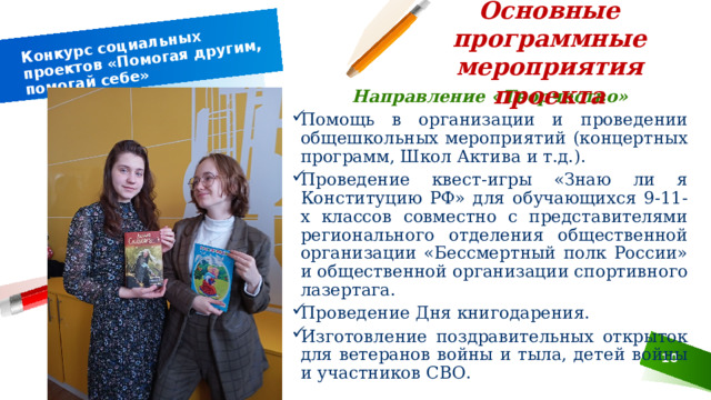 Основные программные мероприятия проекта Конкурс социальных проектов «Помогая другим, помогай себе» Направление «Творчество» Помощь в организации и проведении общешкольных мероприятий (концертных программ, Школ Актива и т.д.). Проведение квест-игры «Знаю ли я Конституцию РФ» для обучающихся 9-11-х классов совместно с представителями регионального отделения общественной организации «Бессмертный полк России» и общественной организации спортивного лазертага. Проведение Дня книгодарения. Изготовление поздравительных открыток для ветеранов войны и тыла, детей войны и участников СВО.  