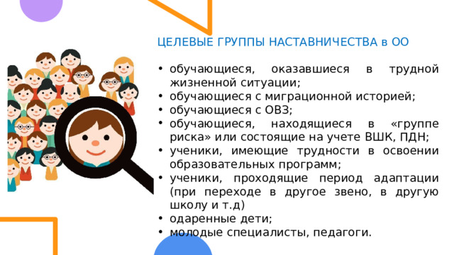 ЦЕЛЕВЫЕ ГРУППЫ НАСТАВНИЧЕСТВА в ОО обучающиеся, оказавшиеся в трудной жизненной ситуации; обучающиеся с миграционной историей; обучающиеся с ОВЗ; обучающиеся, находящиеся в «группе риска» или состоящие на учете ВШК, ПДН; ученики, имеющие трудности в освоении образовательных программ; ученики, проходящие период адаптации (при переходе в другое звено, в другую школу и т.д) одаренные дети; молодые специалисты, педагоги. 