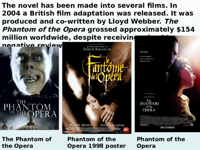 The novel has been made into several films. In 2004 a British film adaptation was released. It was produced and co-written by Lloyd Webber. The Phantom of the Opera  grossed approximately $154 million worldwide, despite receiving mixed to negative reviews. The Phantom of Phantom of the Opera 1998 poster Phantom of the Opera the Opera (1925)  2014 poster 