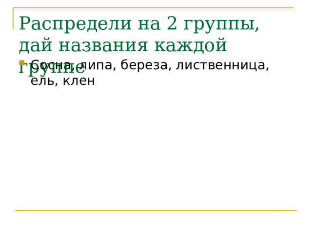 Распредели на 2 группы, дай названия каждой группе Сосна, липа, береза, лиственница, ель, клен 