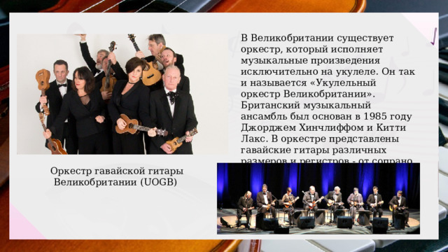 В Великобритании существует оркестр, который исполняет музыкальные произведения исключительно на укулеле. Он так и называется «Укулельный оркестр Великобритании». Британский музыкальный ансамбль был основан в 1985 году Джорджем Хинчлиффом и Китти Лакс. В оркестре представлены гавайские гитары различных размеров и регистров - от сопрано до баса. Оркестр гавайской гитары Великобритании (UOGB) 