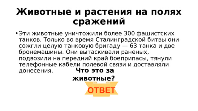 Животные и растения на полях сражений Эти животные уничтожили более 300 фашистских танков. Только во время Сталинградской битвы они сожгли целую танковую бригаду — 63 танка и две бронемашины. Они вытаскивали раненых, подвозили на передний край боеприпасы, тянули телефонные кабели полевой связи и доставляли донесения.  Что это за животные? 