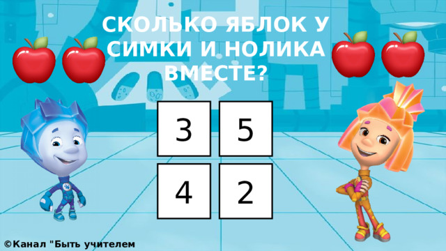 СКОЛЬКО ЯБЛОК У СИМКИ И НОЛИКА ВМЕСТЕ? 3 5 4 2 ©Канал 