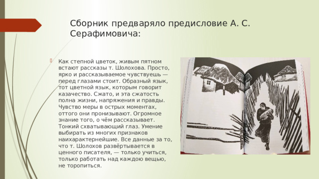 Сборник предваряло предисловие А. С. Серафимовича:   Как степной цветок, живым пятном встают рассказы т. Шолохова. Просто, ярко и рассказываемое чувствуешь — перед глазами стоит. Образный язык, тот цветной язык, которым говорит казачество. Сжато, и эта сжатость полна жизни, напряжения и правды. Чувство меры в острых моментах, оттого они пронизывают. Огромное знание того, о чём рассказывает. Тонкий схватывающий глаз. Умение выбирать из многих признаков наихарактернейшие. Все данные за то, что т. Шолохов развёртывается в ценного писателя, — только учиться, только работать над каждою вещью, не торопиться. 