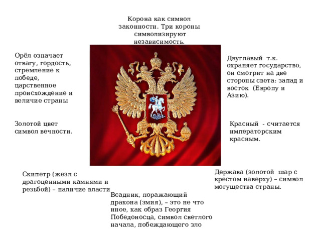 Корона как символ законности. Три короны символизируют независимость. Орёл означает отвагу, гордость, стремление к победе, царственное происхождение и величие страны Двуглавый т.к. охраняет государство, он смотрит на две стороны света: запад и восток (Европу и Азию). Золотой цвет символ вечности. Красный - считается императорским красным. Держава (золотой шар с крестом наверху) – символ могущества страны. Скипетр (жезл с драгоценными камнями и резьбой) – наличие власти Всадник, поражающий дракона (змия), – это не что иное, как образ Георгия Победоносца, символ светлого начала, побеждающего зло 