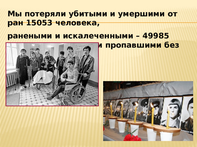 Мы потеряли убитыми и умершими от ран 15053 человека, ранеными и искалеченными – 49985 человек, пленными и пропавшими без вести – 330 человек. 