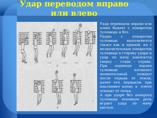 Удар переводом вправо или влево Удар переводом вправо или влево бывает с поворотом туловища и без. Удары с поворотом туловища выполняются также как и прямой, но с незначительным поворотом туловища в сторону удара и удар по мячу наносится сверху – сзади - справа. При переводе вправо туловище начинает моментальный поворот после отрыва от земли, далее его порядком при наклоняют влево, а плечо отводят от сетки. А при ударе без поворота туловища основную роль играет удар по мячу кистью. 