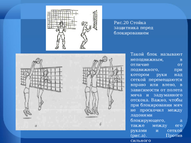 Рис.20 Стойка защитника перед блокированием Такой блок называют неподвижным, в отличие от подвижного, при котором руки над сеткой перемещаются вправо или влево, в зависимости от полета мяча и задуманного отскока. Важно, чтобы при блокировании мяч не проскочил между ладонями блокирующего, а также между его руками и сеткой (рис.а). Против сильного нападающего игрока применяется групповой блок(рис.б). 
