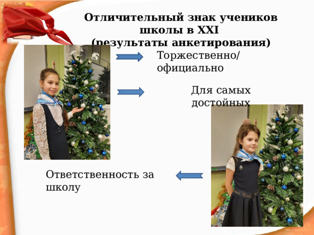 Отличительный знак учеников школы в ХХI (результаты анкетирования) Торжественно/официально Для самых достойных Ответственность за школу 