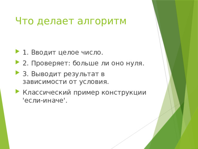 Что делает алгоритм 1. Вводит целое число. 2. Проверяет: больше ли оно нуля. 3. Выводит результат в зависимости от условия. Классический пример конструкции 'если-иначе'. 